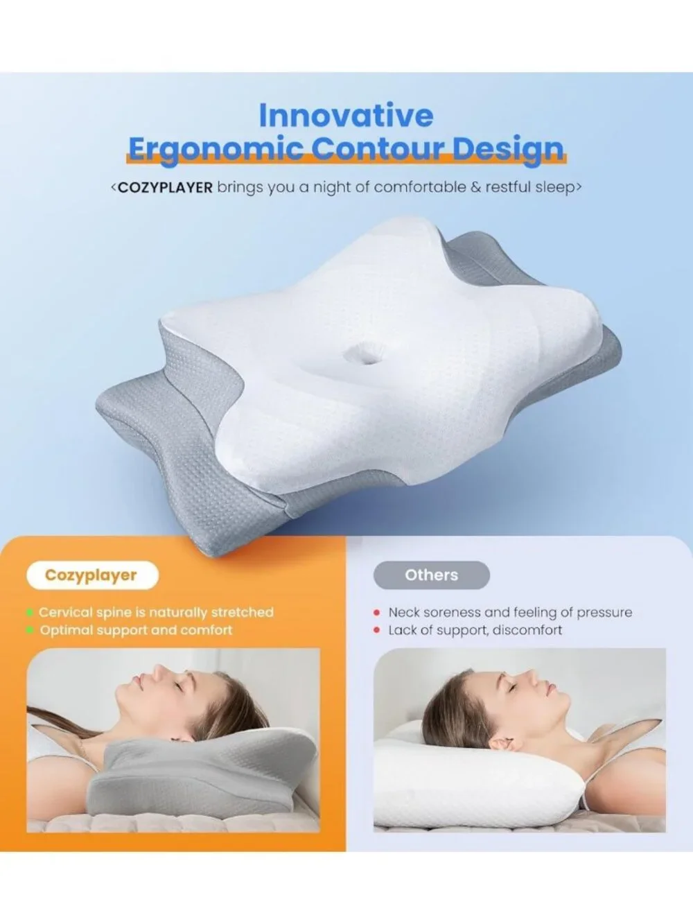Cooling Ergonomic Memory Foam Pillow for Neck Support & Pain Relief - Adjustable